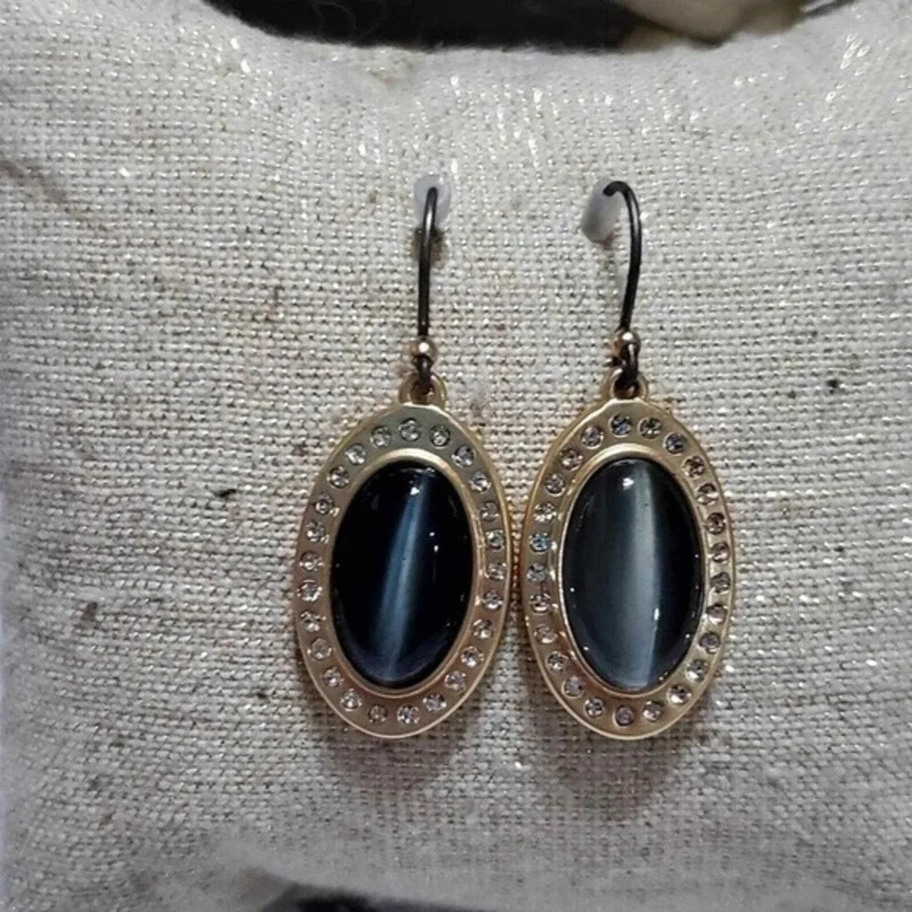 Lucky Brand Grey Cats Eye Oval Halo Crystal Gold Tone Drop Earrings Dangle New‎